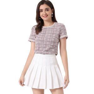 Tweed Top Pearl Trim Crew Neck Short Sleeve Blouse Pink White